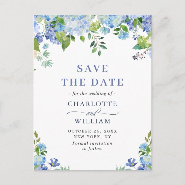 Elegant Blue Hydrangea Wedding Save The Date Postcard (Front)
