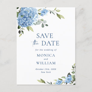 Elegant Blue Hydrangea Wedding Save the Date Postcard