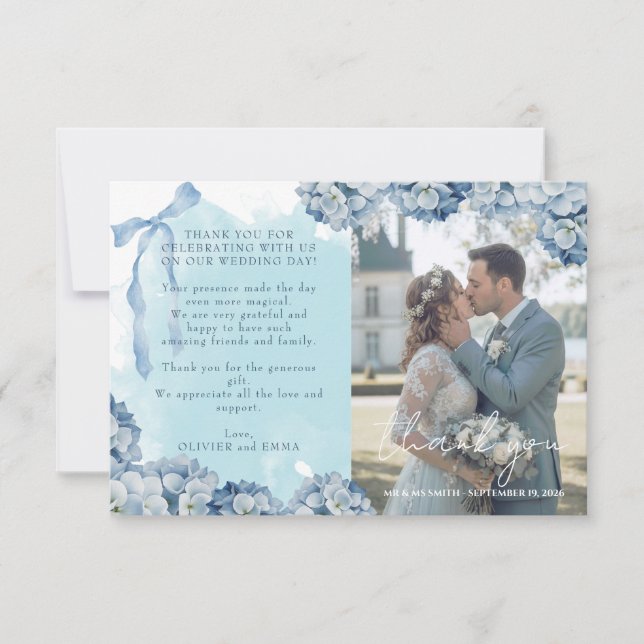 Elegant Blue Hydrangea Wedding Thank You Card (Front)