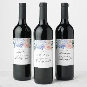 Elegant Blue Hydrangea White Bridesmaid Proposal Wine Label