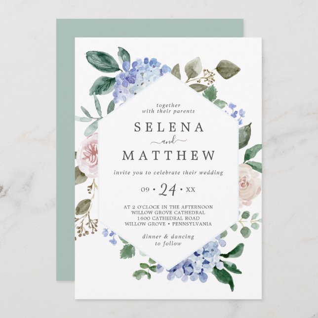 Elegant Blue Hydrangea | White Casual Wedding Invitation (Front/Back)