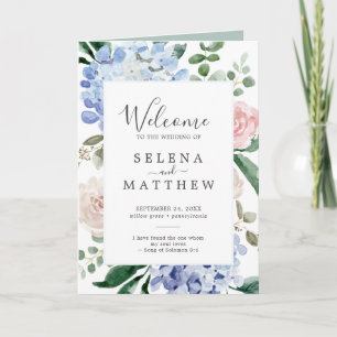 Elegant Blue Hydrangea White Folded Wedding Programme