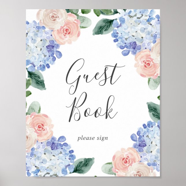Elegant Blue Hydrangea | White Guest Book Sign (Front)