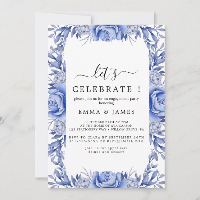 Elegant Blue Hydrangea | White "Let's Celebrate" I Invitation (Front)