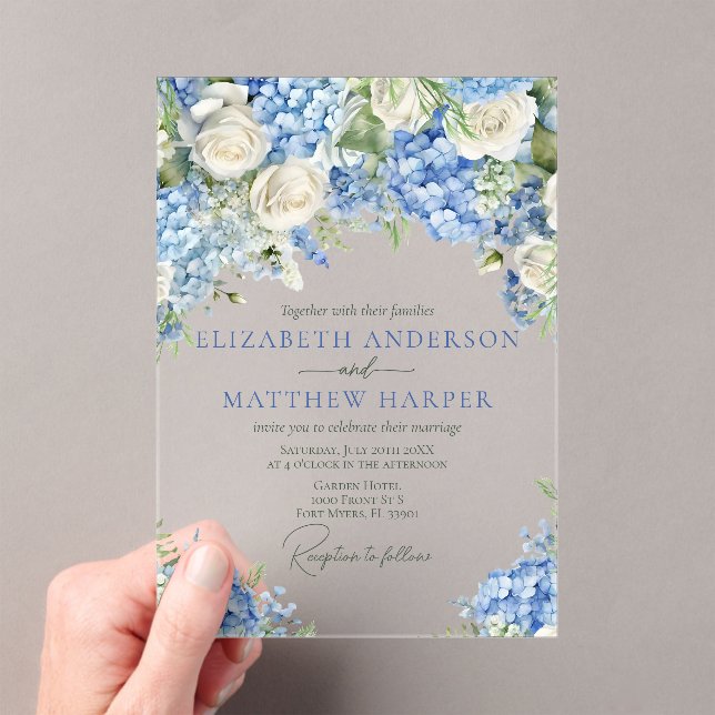 Elegant Blue Hydrangea White Roses Floral Wedding Acrylic Invitations (Insitu (Handheld))