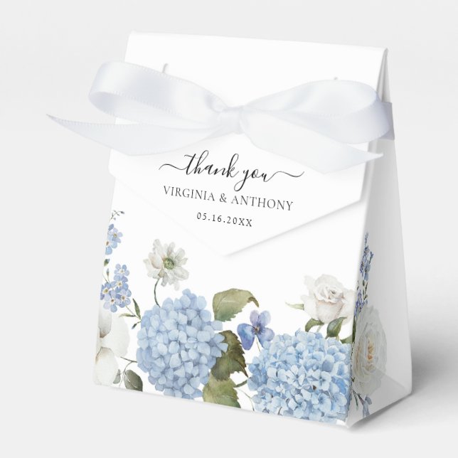 Elegant Blue Hydrangea White Roses Floral Wedding Favour Box (Front Side)