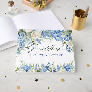 Elegant Blue Hydrangea White Roses Floral Wedding Guest Book