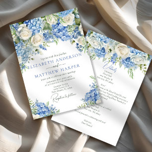 Elegant Blue Hydrangea White Roses Floral Wedding Invitation