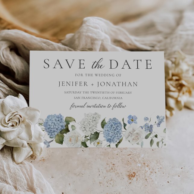 Elegant Blue Hydrangea White Roses Floral Wedding Save The Date (Creator Uploaded)