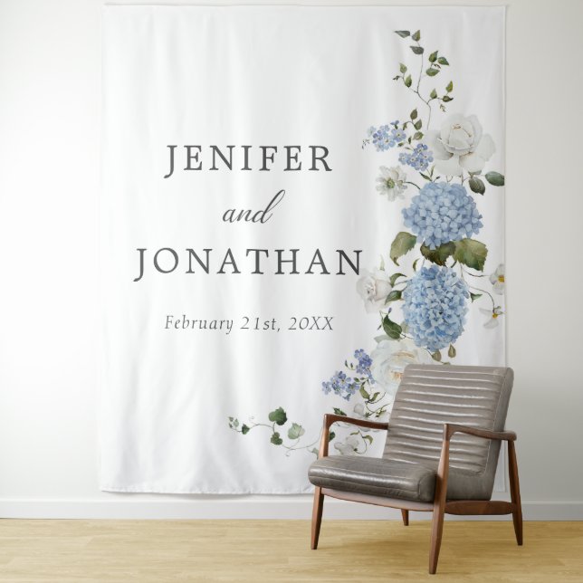 Elegant Blue Hydrangea White Roses Floral Wedding Tapestry (In Situ)