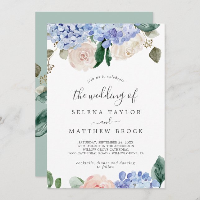 Elegant Blue Hydrangea | White The Wedding Of Invitation (Front/Back)