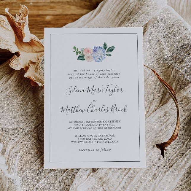 Elegant Blue Hydrangea | White Traditional Wedding Invitation (Creator Uploaded)