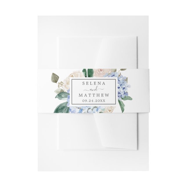 Elegant Blue Hydrangea | White Wedding Invitation Belly Band (Front Example)