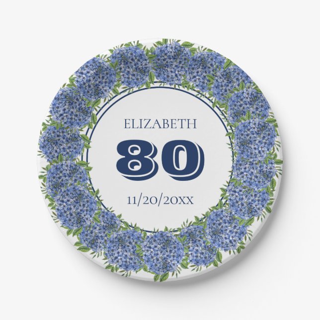 Elegant Blue Hydrangeas 80th Birthday Party Paper Plate (Front)