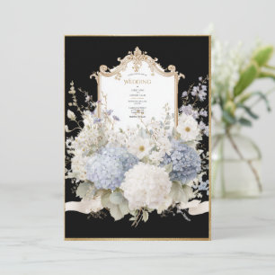 Elegant Blue Hydrangeas Black Vintage Wedding Invitation