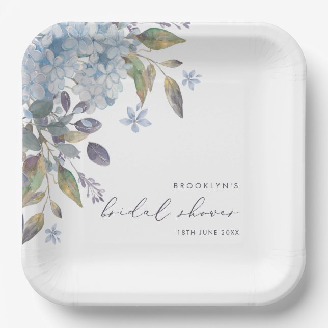 Elegant Blue Hydrangeas Bridal Shower Paper Plate (Front)