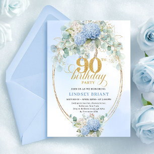 Elegant Blue Hydrangeas Gold 90th Birthday Invites