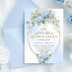 Elegant Blue Hydrangeas Gold Quinceañera Invite