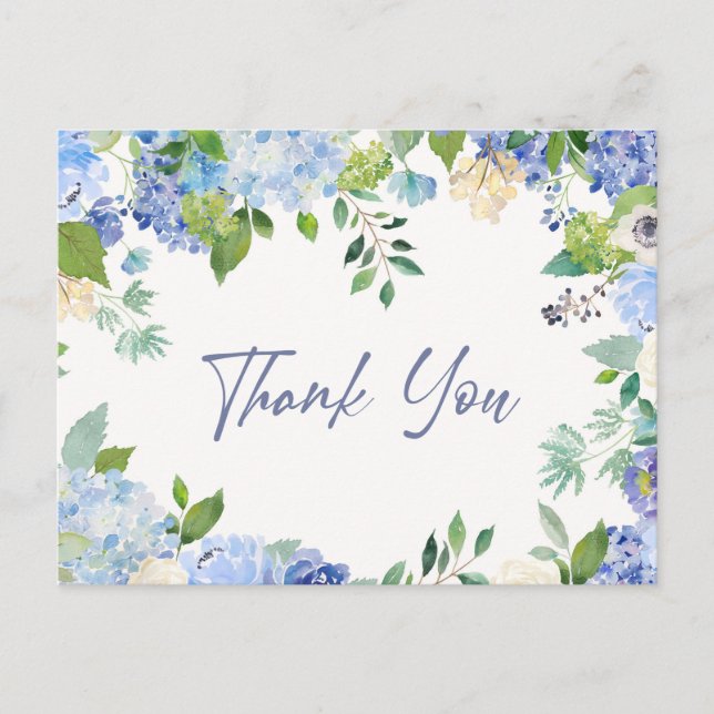 Elegant Blue Hydrangeas Greenery Thank You Postcard (Front)