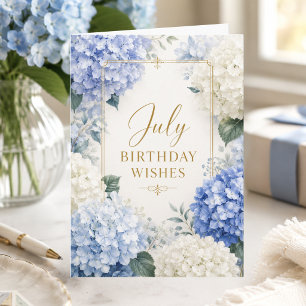 Elegant Blue Hydrangeas July Happy Birthday Card