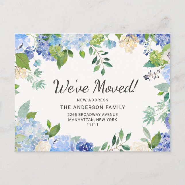 Elegant Blue Hydrangeas Moving Announcement Postcard (Front)