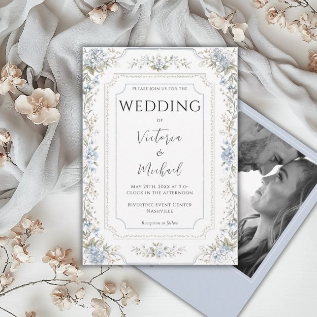 Elegant Blue Hydrangeas Photo Modern Wedding Invitation (Creator Uploaded)