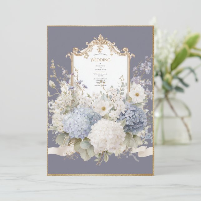 Elegant Blue Hydrangeas Purple Vintage Wedding Invitation (Standing Front)