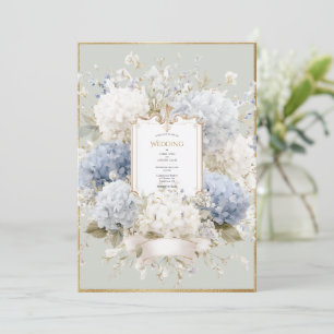 Elegant Blue Hydrangeas Sage Vintage Wedding Invitation