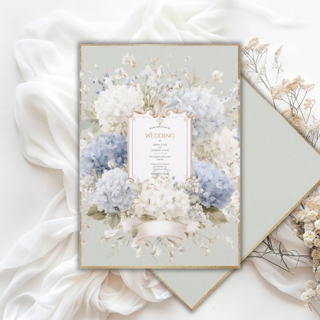 Elegant Blue Hydrangeas Sage Vintage Wedding Invitation (Creator Uploaded)