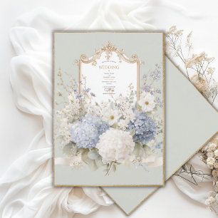 Elegant Blue Hydrangeas Sage Vintage Wedding Invitation