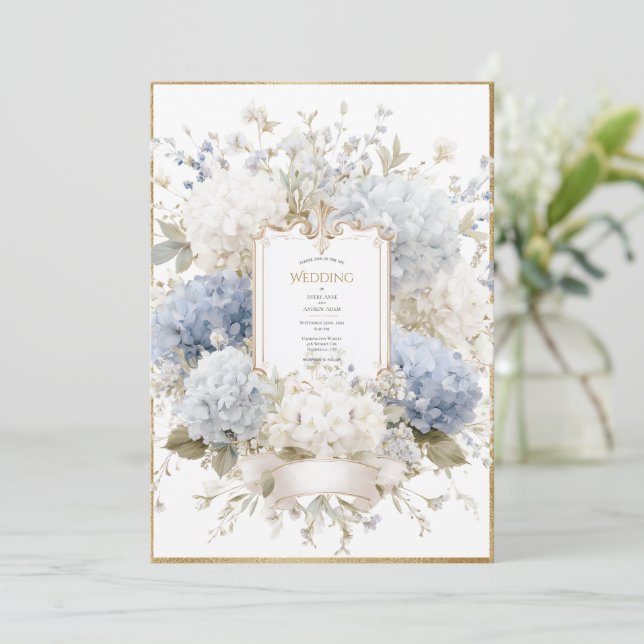 Elegant Blue Hydrangeas Vintage Budget Wedding Invitation (Standing Front)