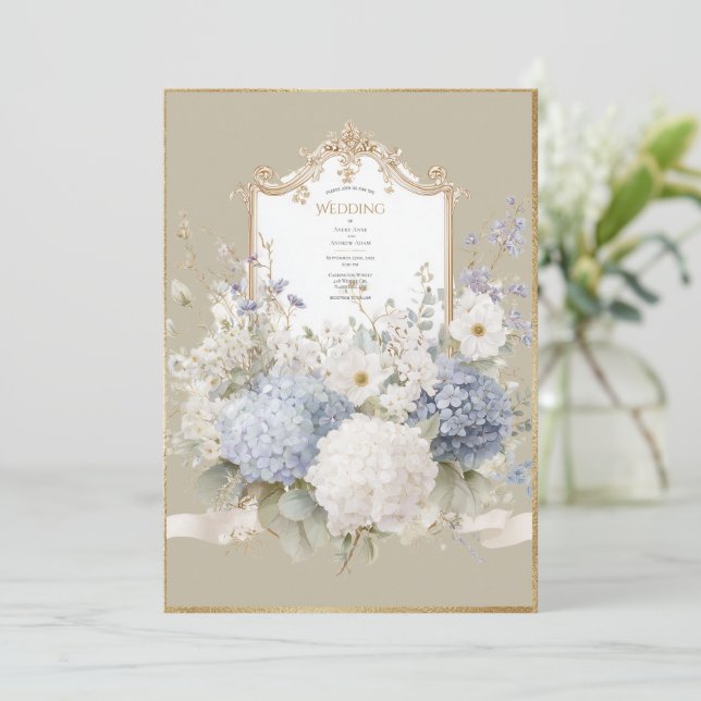 Elegant Blue Hydrangeas Vintage Wedding Invitation (Standing Front)