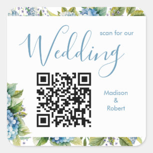 Elegant Blue Hydrangeas Wedding Scan QR Code Square Sticker