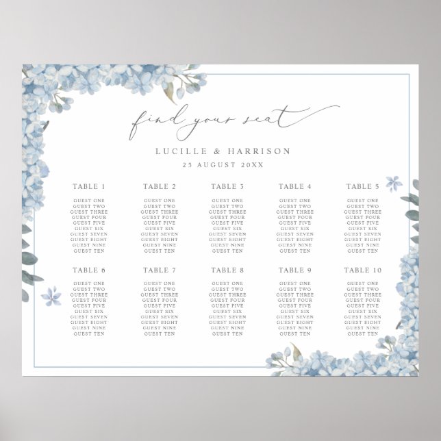 Elegant Blue Hydrangeas Wedding Seating Plan Poster (Front)
