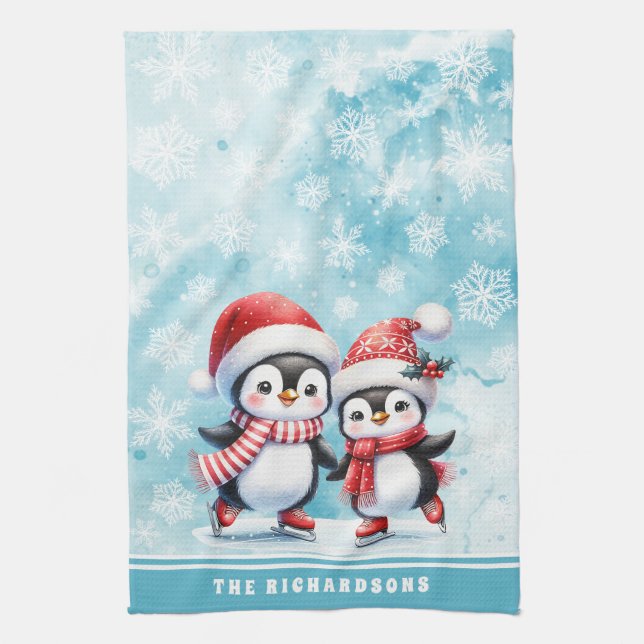 Elegant Blue Ice Skating Penguins Family Christmas Tea Towel (Vertical)