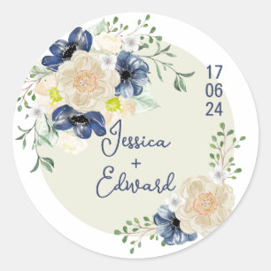 Elegant Blue Indigo Floral Couple Name Date Modern Classic Round Sticker