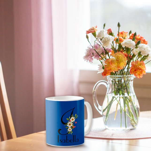 Elegant blue initial floral Mug (Creator Uploaded)