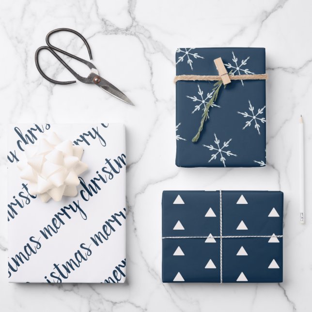 Elegant Blue Ivory Merry Christmas Wrapping Paper Sheet (Front)