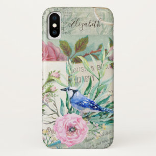 Elegant Blue Jay Bird Vintage Pink Floral and Name Case-Mate iPhone Case