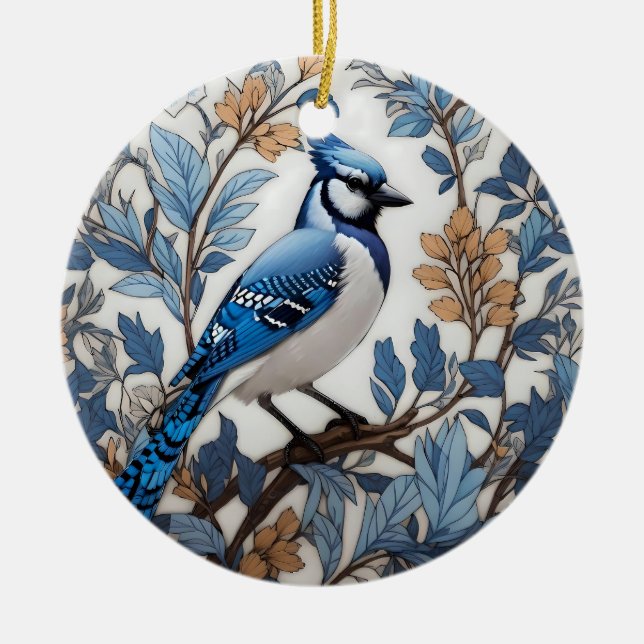 Elegant Blue Jay William Morris Inspired Ceramic Tree Decoration (Front)