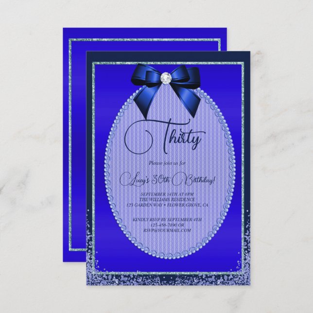 Elegant Blue Jewel Bow & Glitter Birthday Invitation (Front/Back)