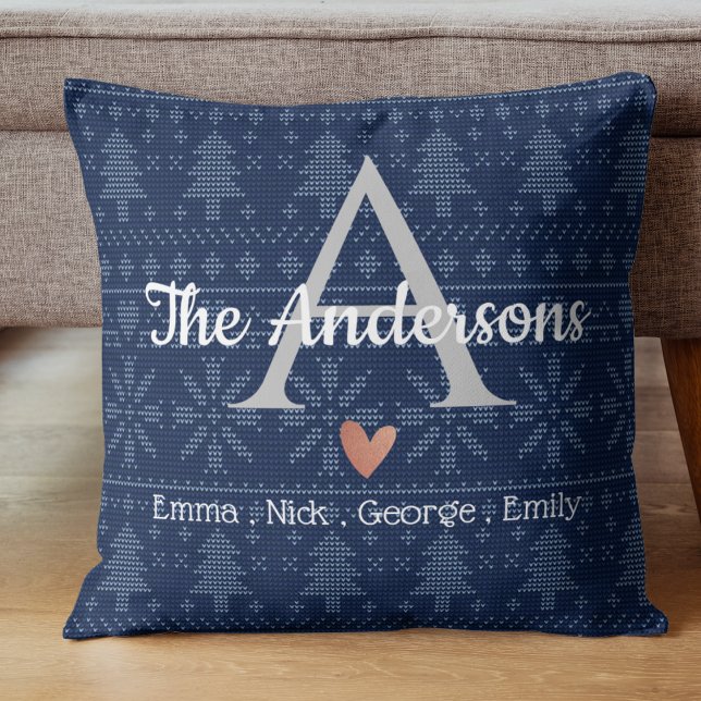 Elegant Blue Knit Pattern Family Name Monogram Cushion (Elegant Blue Knit Pattern Family Name Monogram Throw Pillow)