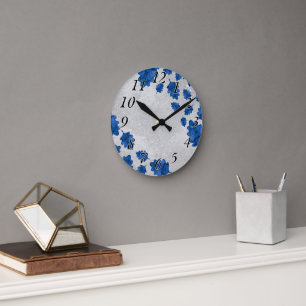 elegant blue leaf pattern on Concrete Texture Round Clock