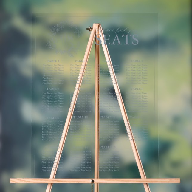 Elegant Blue Leafy Crest Monogram Wedding Seating Acrylic Sign (Neutral)