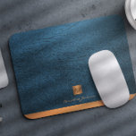 Elegant blue leather gold initial monogrammed mouse pad<br><div class="desc">Luxury exclusive looking office or personal monogrammed mouse pad featuring a faux copper metallic gold glitter square with your monogram name initials and a sparkling stripe over a stylish navy blue faux leather background. Suitable for small business, corporate or independent business professionals, personal branding or stylists specialists, makeup artists or...</div>