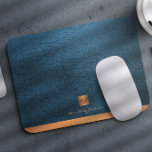 Elegant blue leather gold initial monogrammed mouse pad<br><div class="desc">Luxury exclusive looking office or personal monogrammed mouse pad featuring a faux copper metallic gold glitter square with your monogram name initials and a sparkling stripe over a stylish navy blue faux leather background. Suitable for small business, corporate or independent business professionals, personal branding or stylists specialists, makeup artists or...</div>