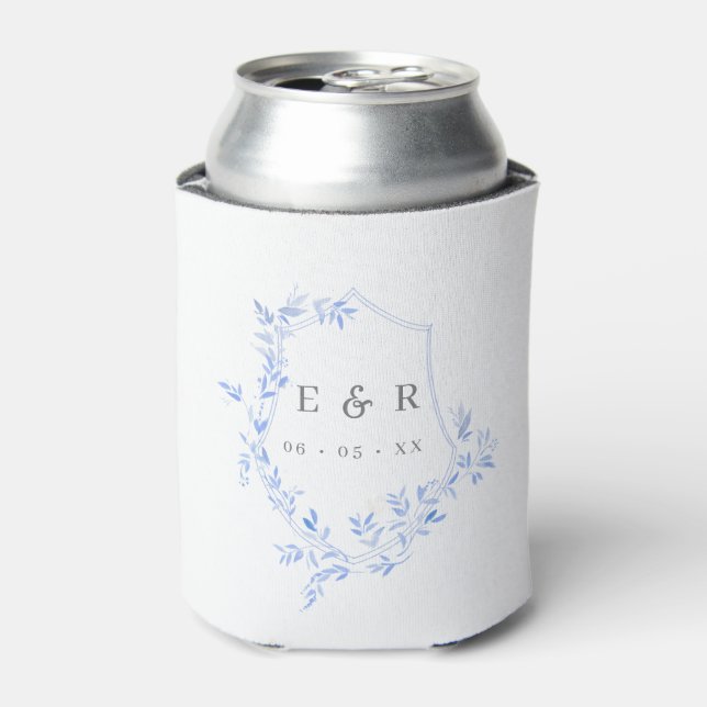 Elegant Blue Leaves Crest Wedding Monogram Can Cooler (Can Front)