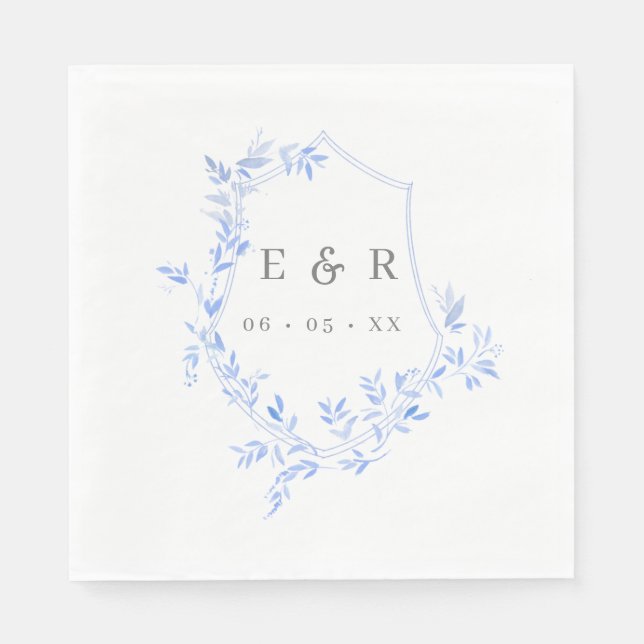 Elegant Blue Leaves Crest Wedding Monogram  Napkin (Front)