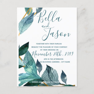 Elegant Blue Leaves Script Wedding Invitation Postcard