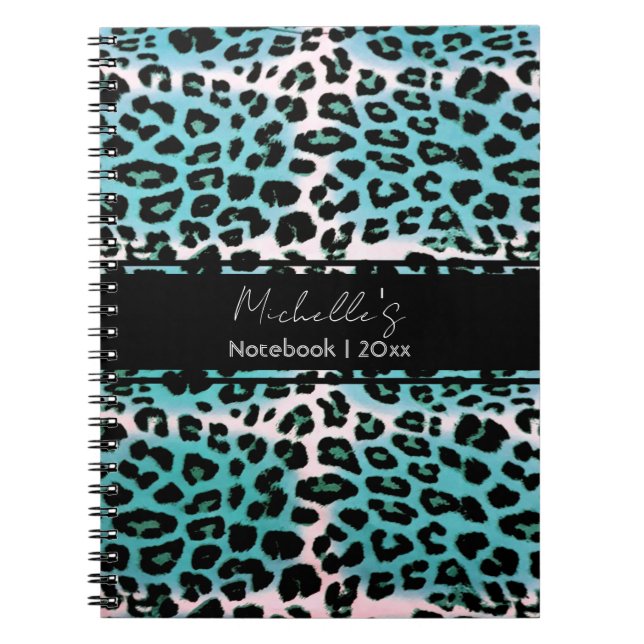 Elegant Blue Leopard Animal Print Personalised Notebook (Front)